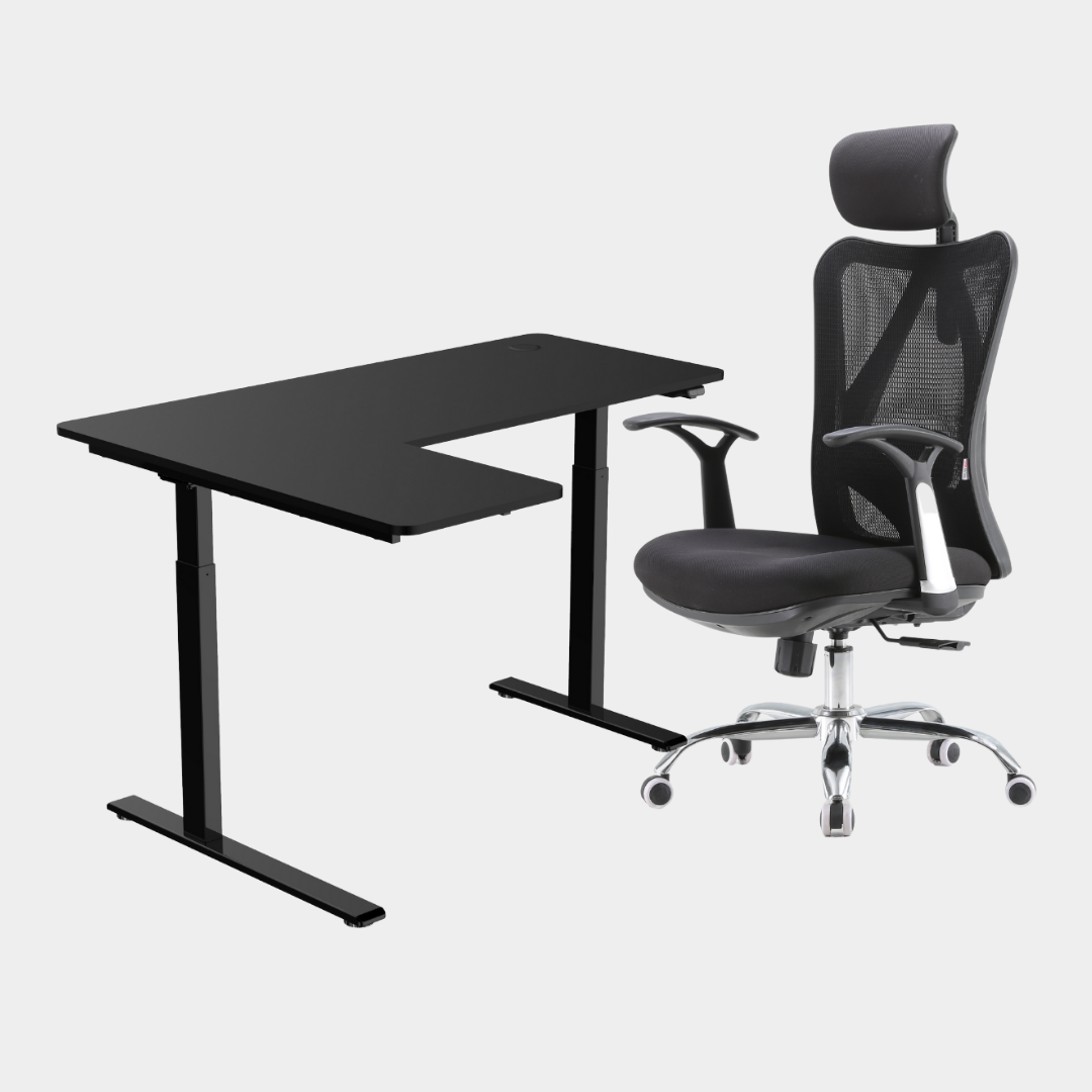 An L-shaped height-adjustable desk with a black tabletop and black legs and chair viewed from a front angle against a white background.