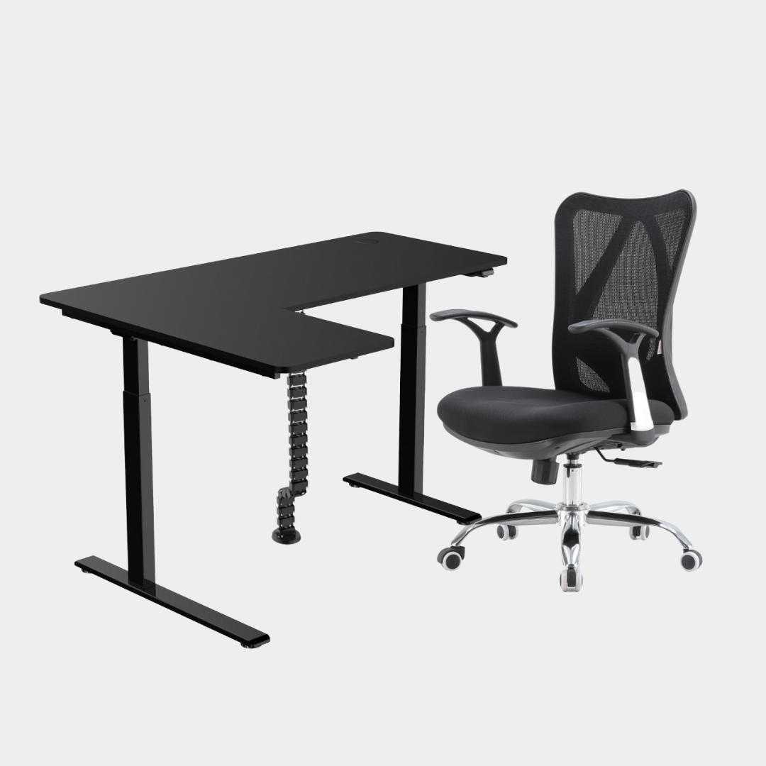 An L-shaped height-adjustable desk with a black tabletop and black legs, with black cable management and chair viewed from a front angle against a white background.