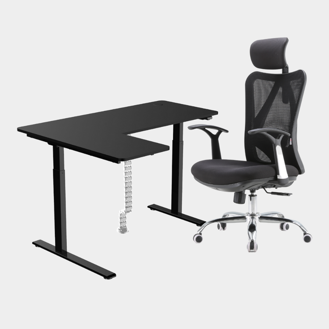 An L-shaped height-adjustable desk with a black tabletop and black legs, with white cable management and chair viewed from a front angle against a white background.
