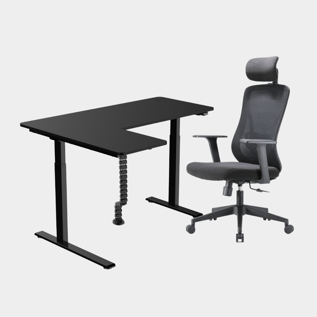 An L-shaped height-adjustable desk with a black tabletop and black legs, with black cable management and chair viewed from a front angle against a white background.