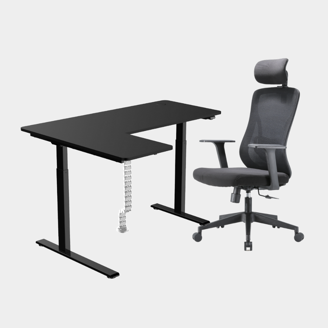 An L-shaped height-adjustable desk with a black tabletop and black legs, with white cable management and chair viewed from a front angle against a white background.