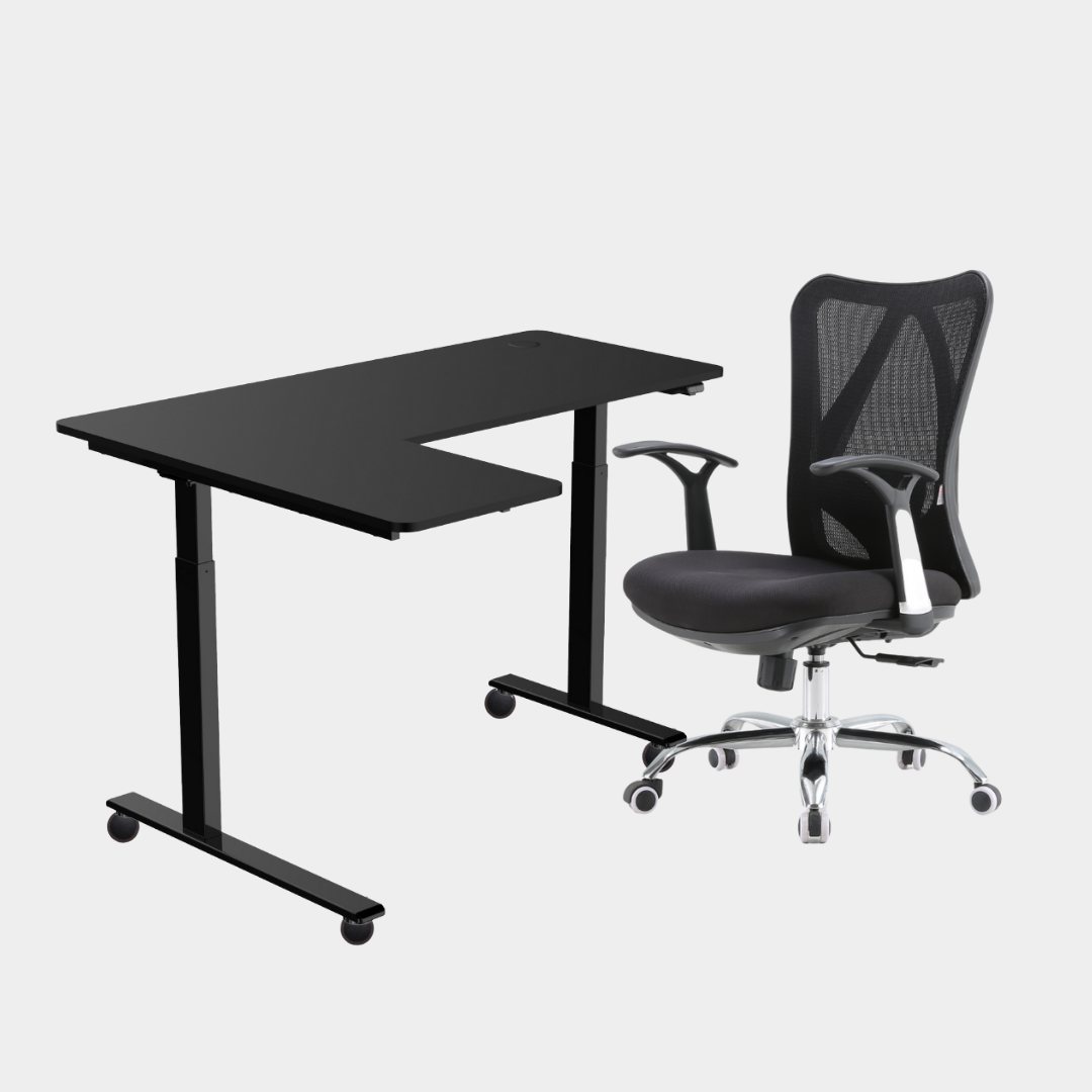 An L-shaped height-adjustable desk with a black tabletop and black legs and chair viewed from a front angle against a white background.