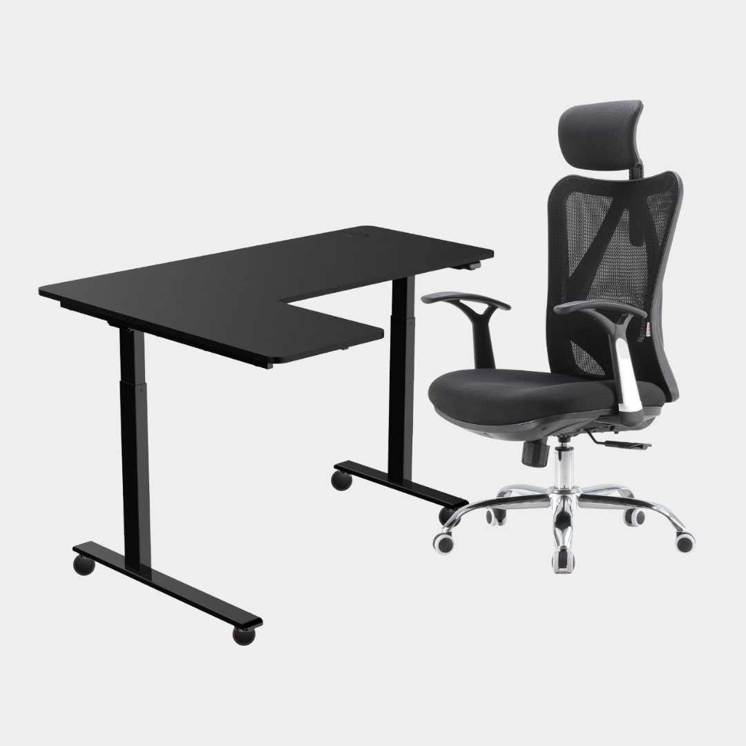 An L-shaped height-adjustable desk with a black tabletop and black legs, with black cable management and chair viewed from a front angle against a white background.