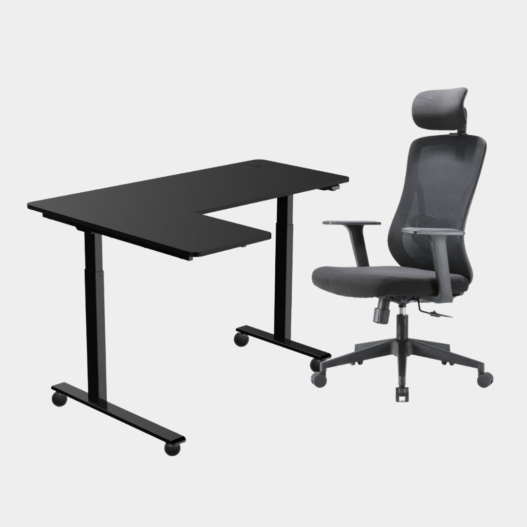 An L-shaped height-adjustable desk with a black tabletop and black legs, with black cable management and chair viewed from a front angle against a white background.