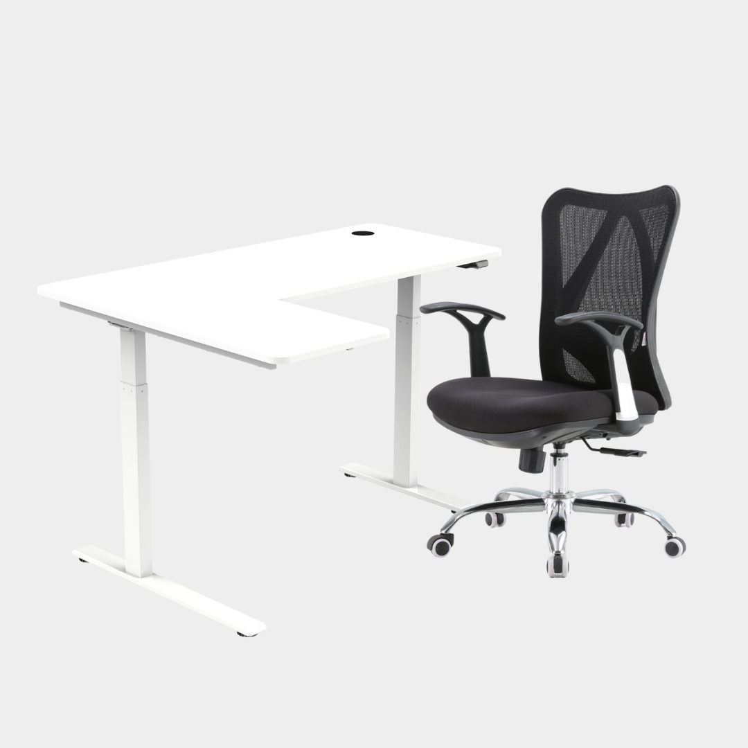 An L-shaped height-adjustable desk with a white tabletop and white legs  and chair viewed from a front angle against a white background.