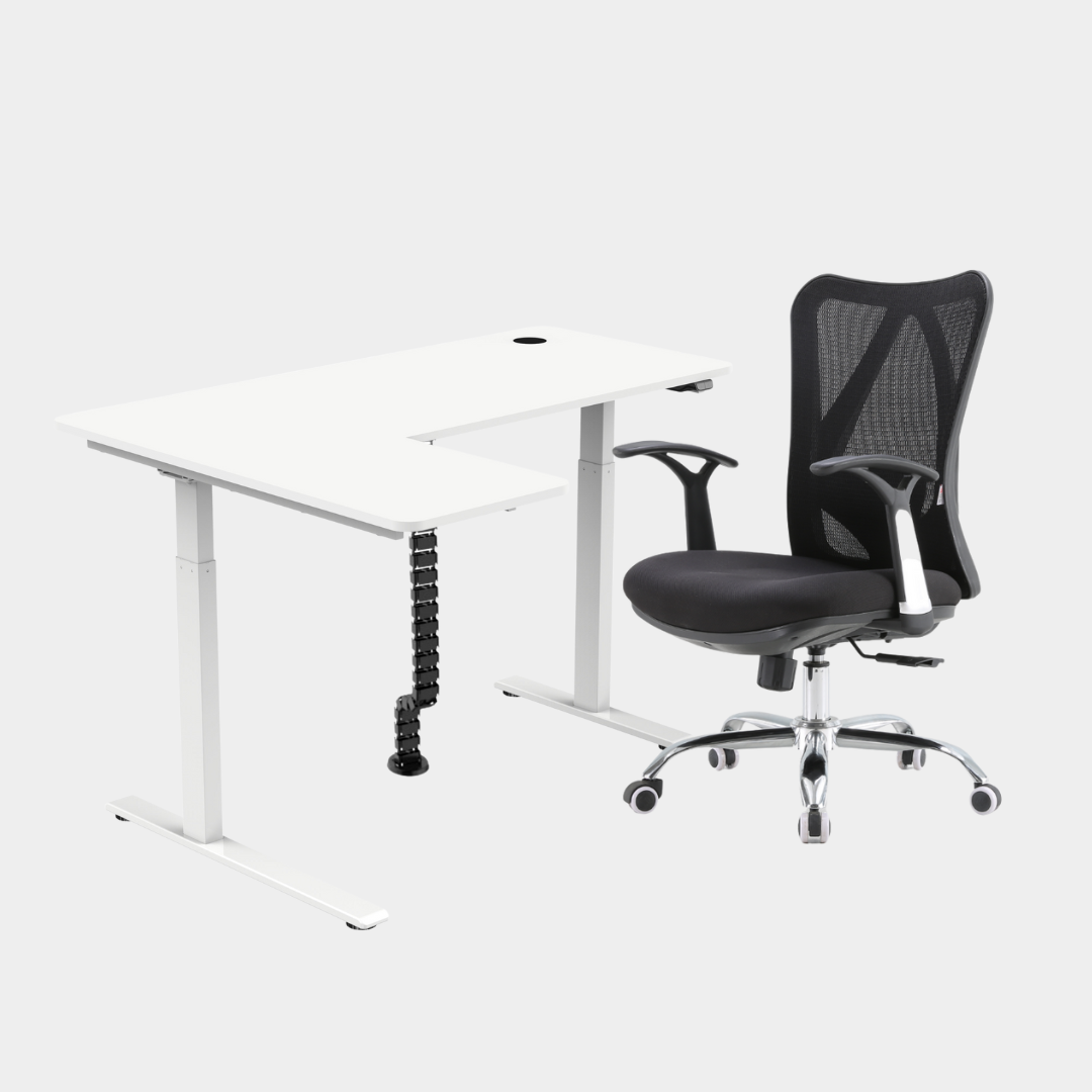 An L-shaped height-adjustable desk with a white tabletop and white legs, with grey cable management and chair viewed from a front angle against a white background.