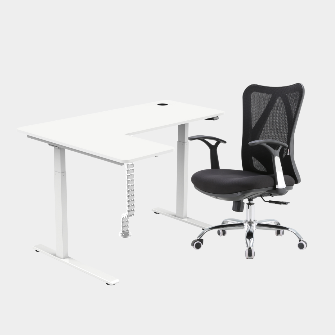 An L-shaped height-adjustable desk with a white tabletop and white legs, with grey cable management and chair viewed from a front angle against a white background.