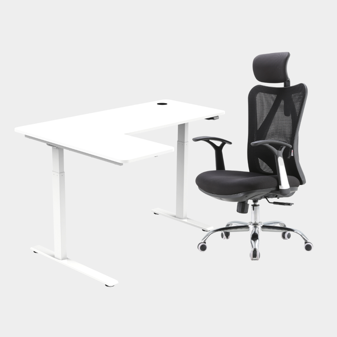 An L-shaped height-adjustable desk with a white tabletop and white legs and chair viewed from a front angle against a white background.