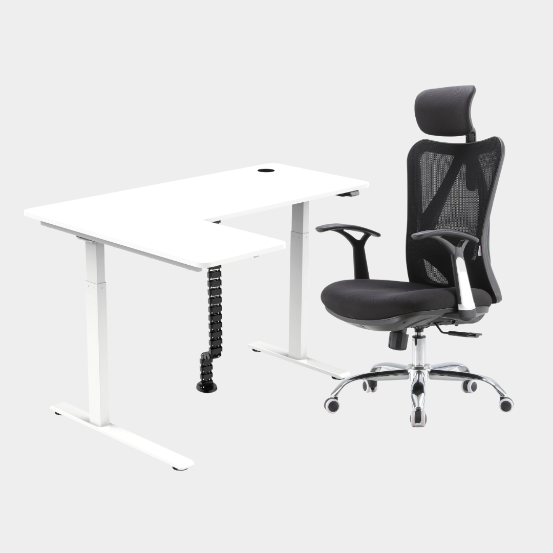 An L-shaped height-adjustable desk with a white tabletop and white legs, with grey cable management and chair viewed from a front angle against a white background.