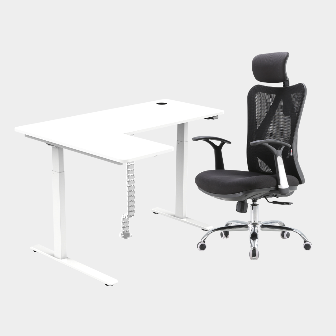 An L-shaped height-adjustable desk with a white tabletop and white legs, with grey cable management and chair viewed from a front angle against a white background.