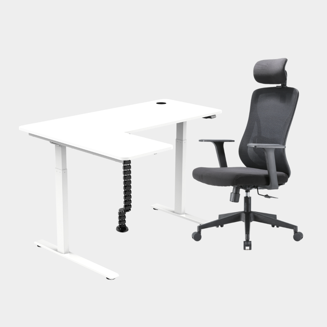 An L-shaped height-adjustable desk with a white tabletop and white legs, with black cable management and chair viewed from a front angle against a white background.