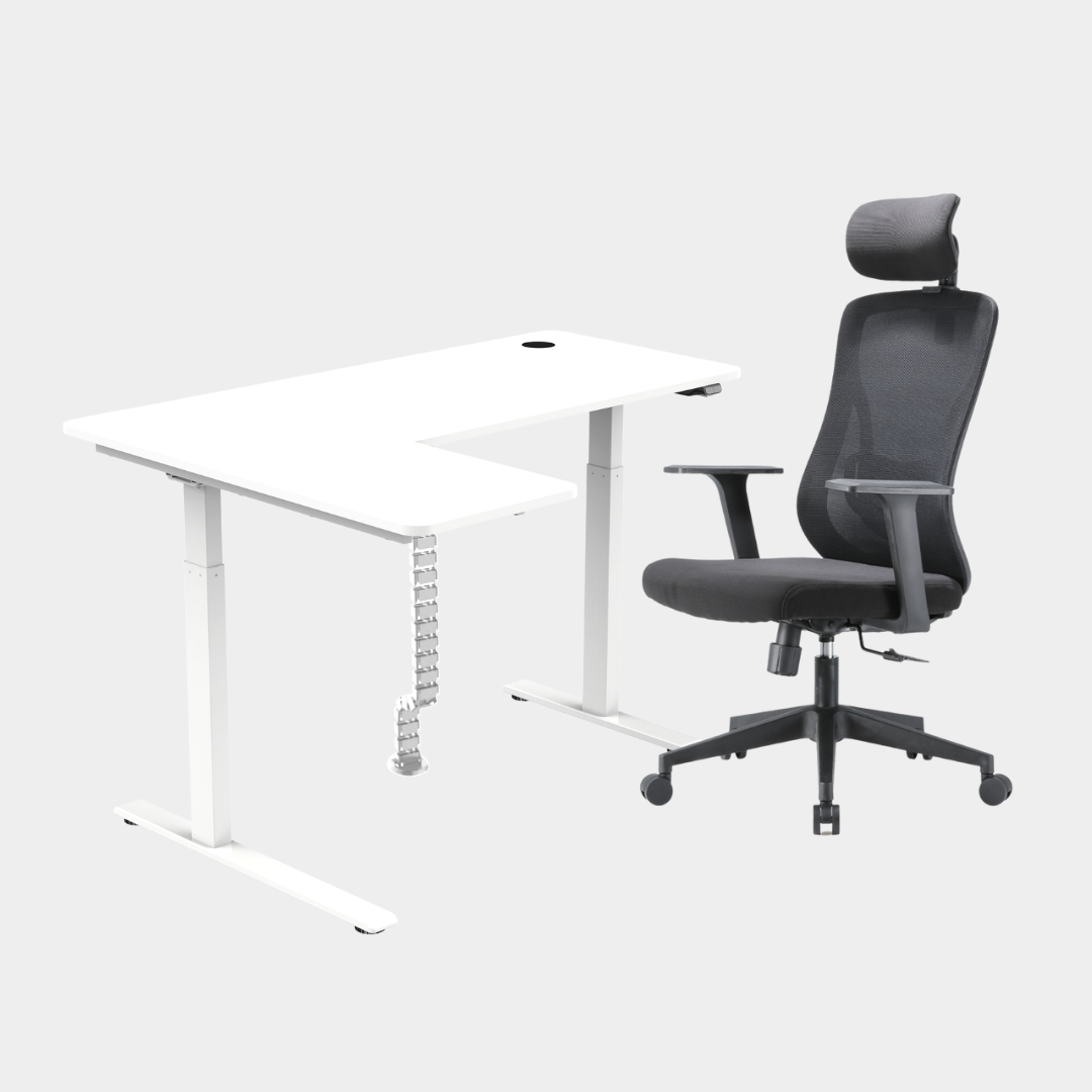 An L-shaped height-adjustable desk with a white tabletop and white legs, with grey cable management and chair viewed from a front angle against a white background.