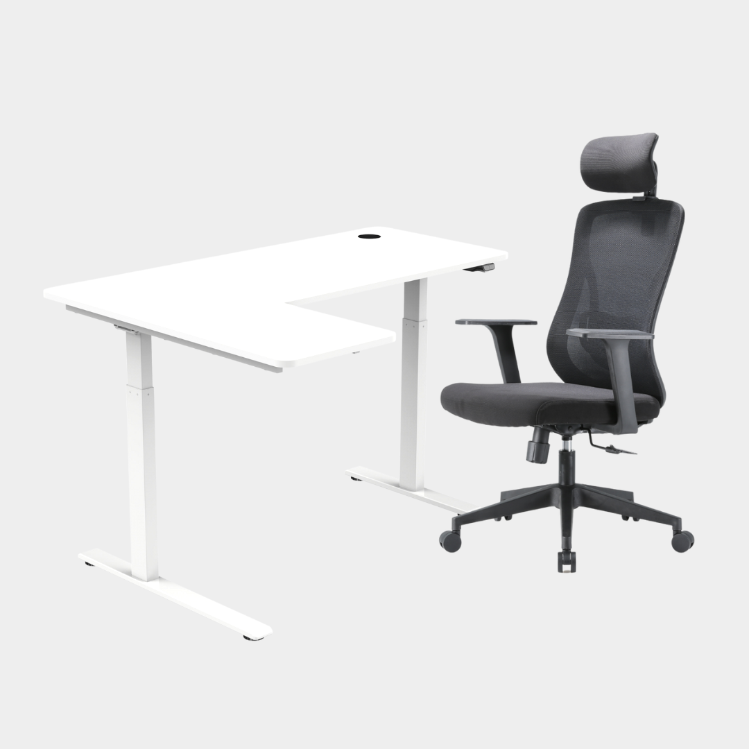 An L-shaped height-adjustable desk with a white tabletop and white legs and chair viewed from a front angle against a white background.