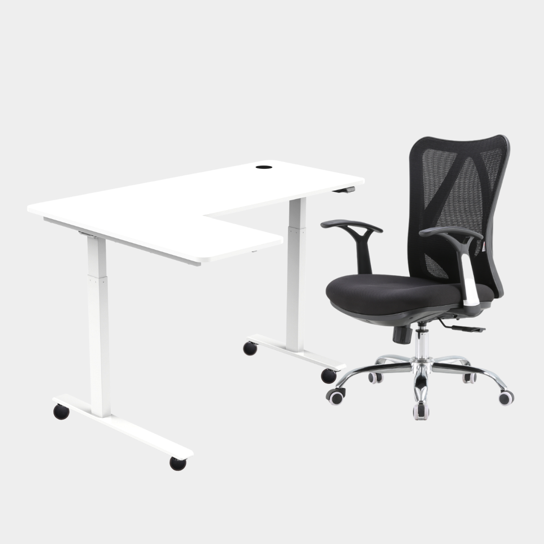 An L-shaped height-adjustable desk with a white tabletop and white legs and chair viewed from a front angle against a white background.