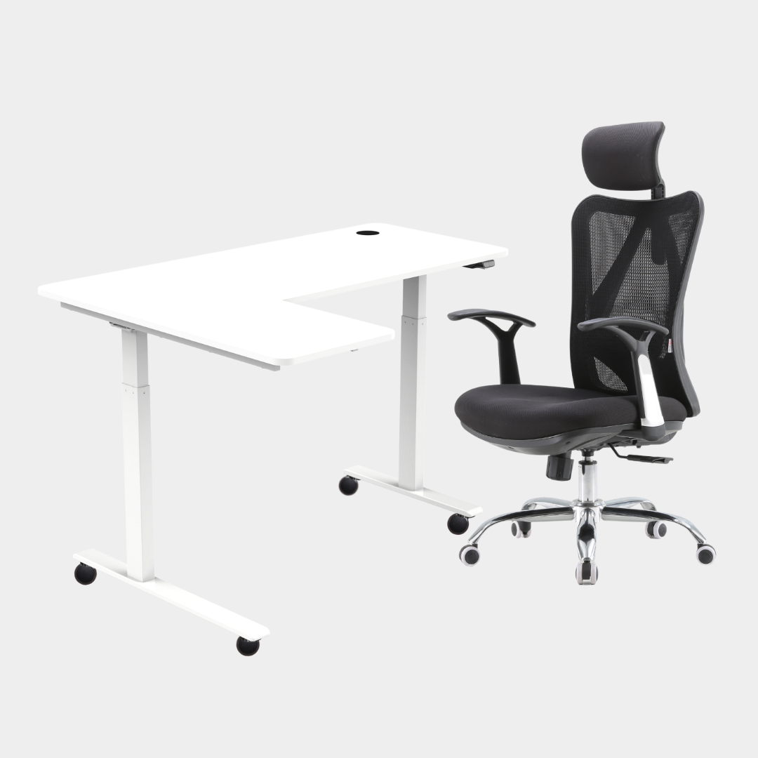 An L-shaped height-adjustable desk with a white tabletop and white legs and chair viewed from a front angle against a white background.