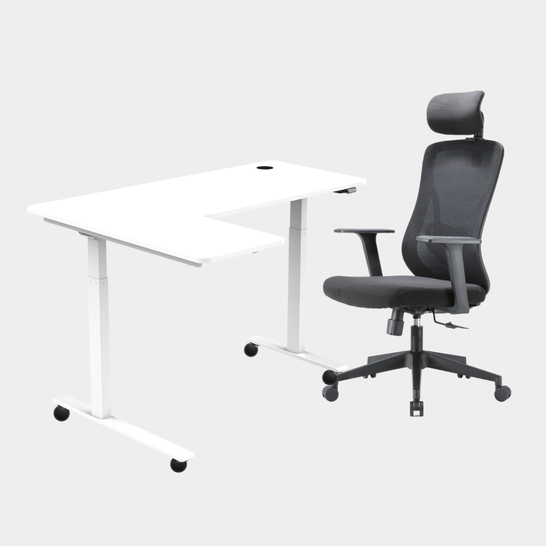 An L-shaped height-adjustable desk with a white tabletop and white legs and chair viewed from a front angle against a white background.
