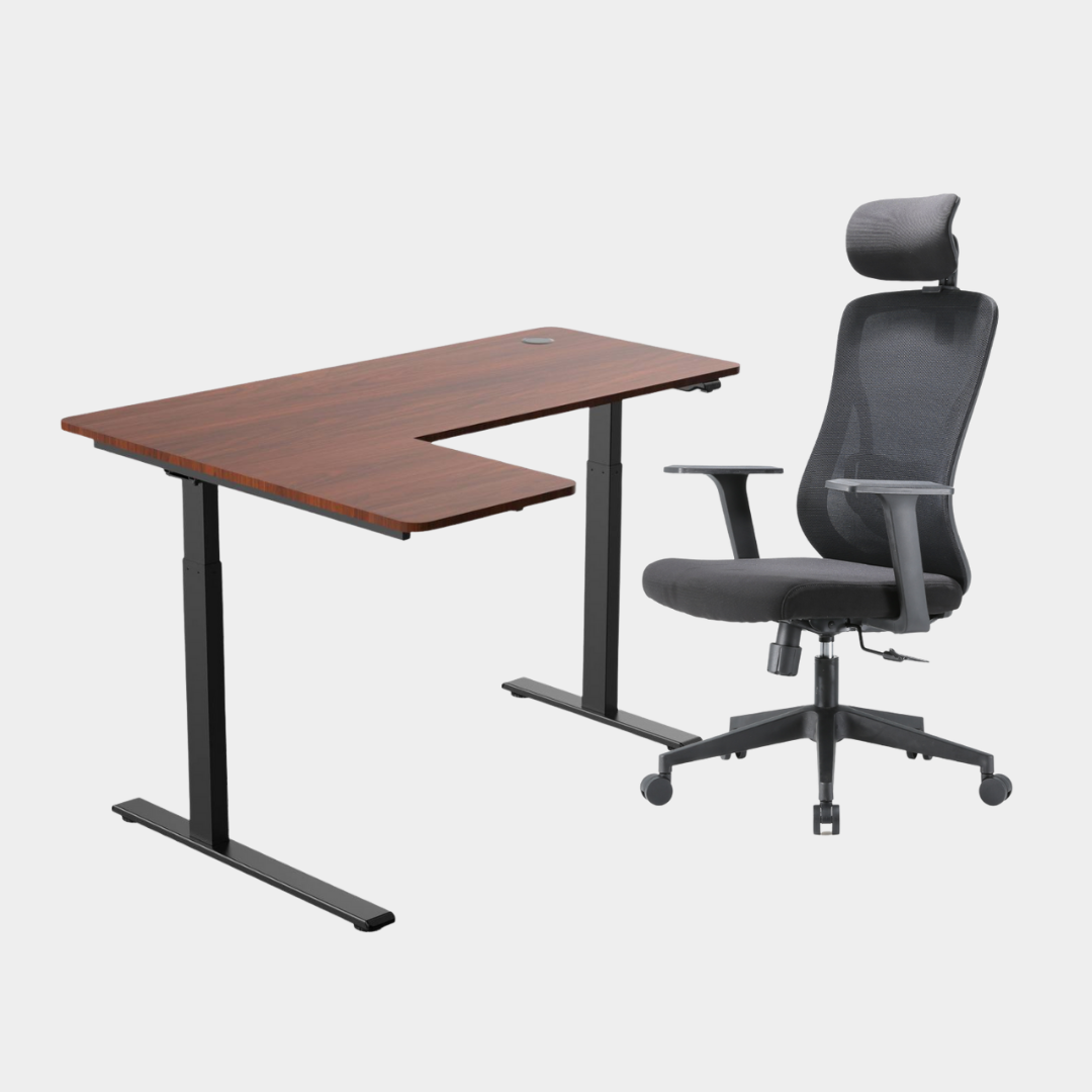 An L-shaped height-adjustable desk with a black tabletop and black legs, viewed from a front angle against a white background.