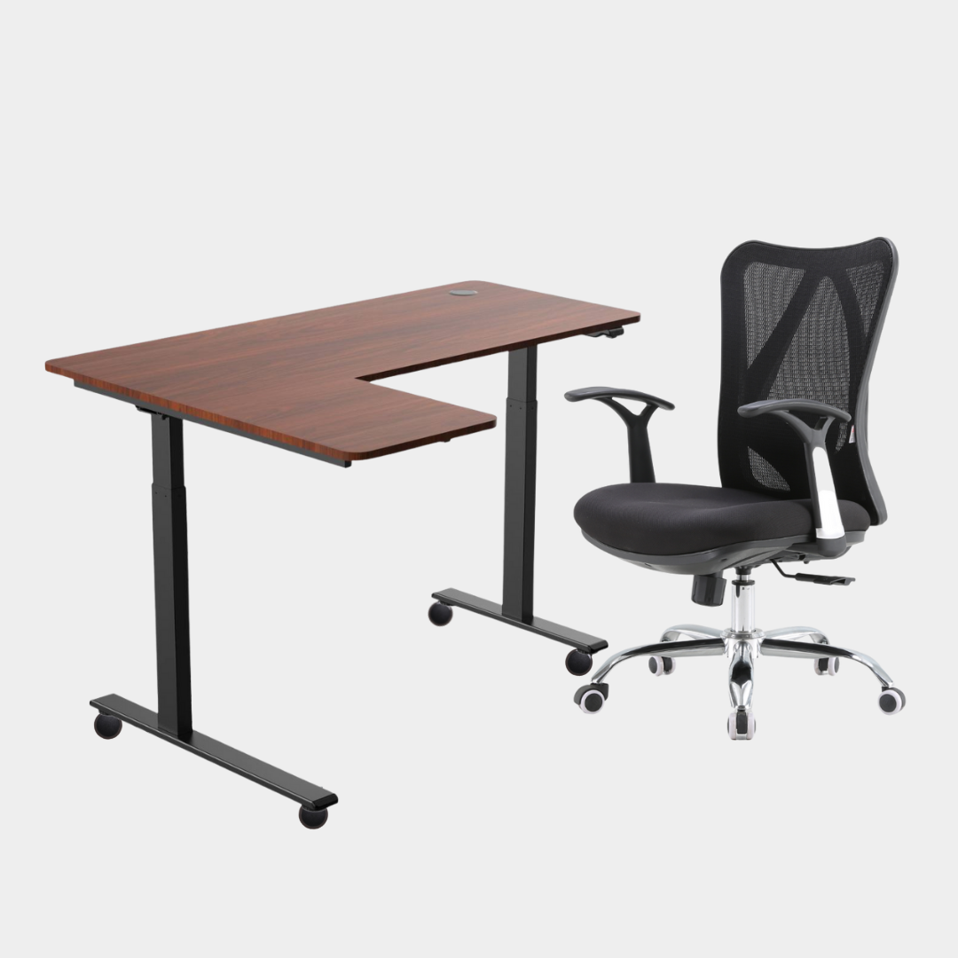 An L-shaped height-adjustable desk with a black tabletop and black legs, viewed from a front angle against a white background.