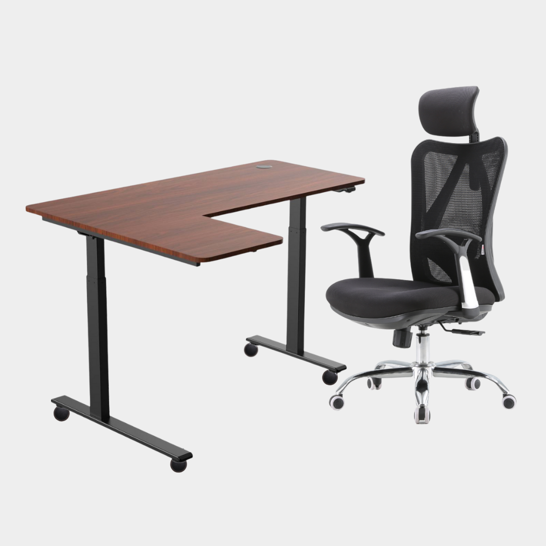 An L-shaped height-adjustable desk with a black tabletop and black legs, viewed from a front angle against a white background with wheels