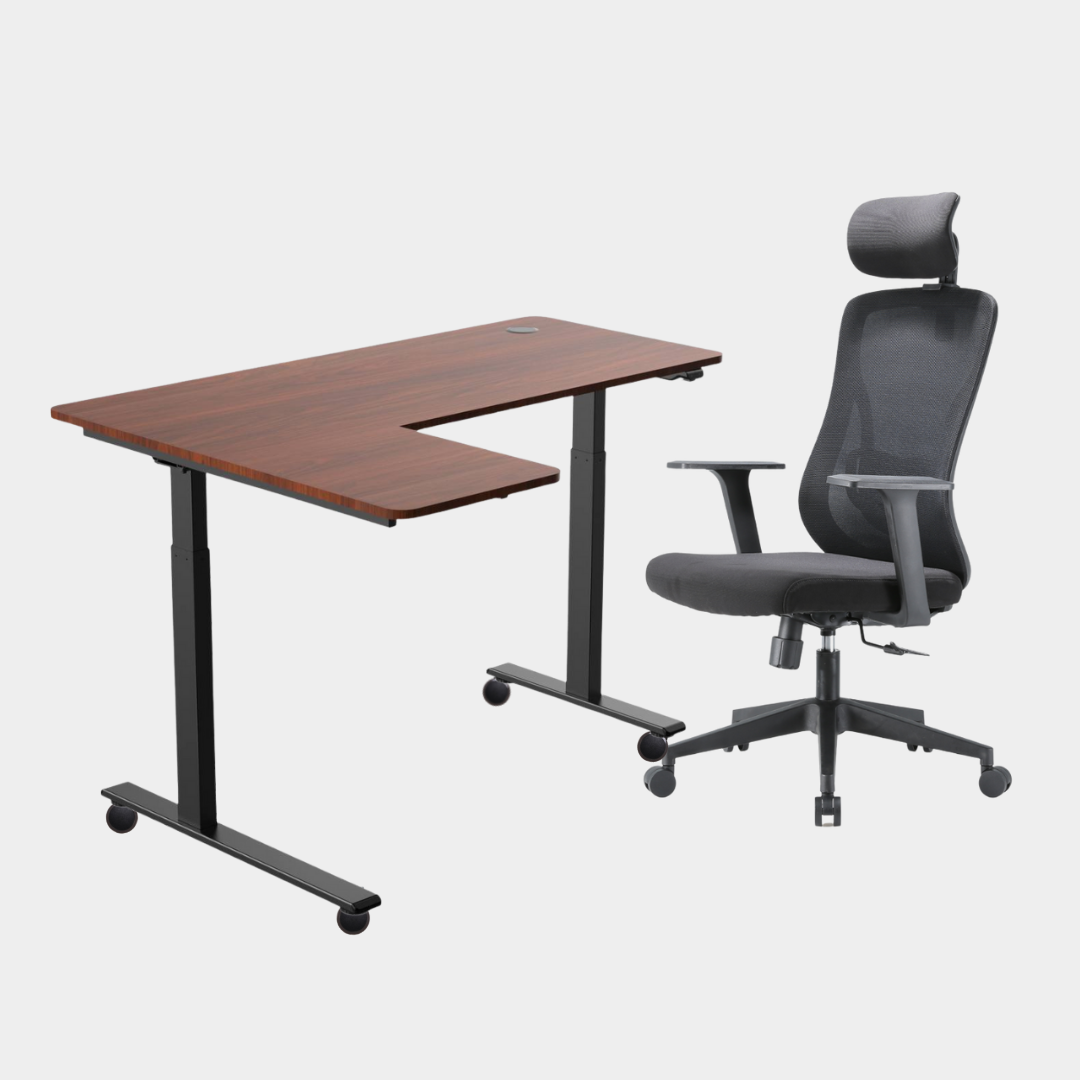 An L-shaped height-adjustable desk with a black tabletop and black legs, viewed from a front angle against a white background with wheels