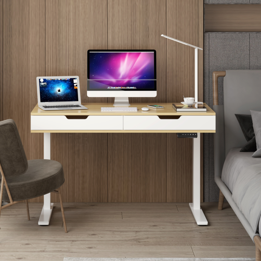 Ergonomic Height Adjustable Work Desk with Storage Drawers in Beige in the Bedroom