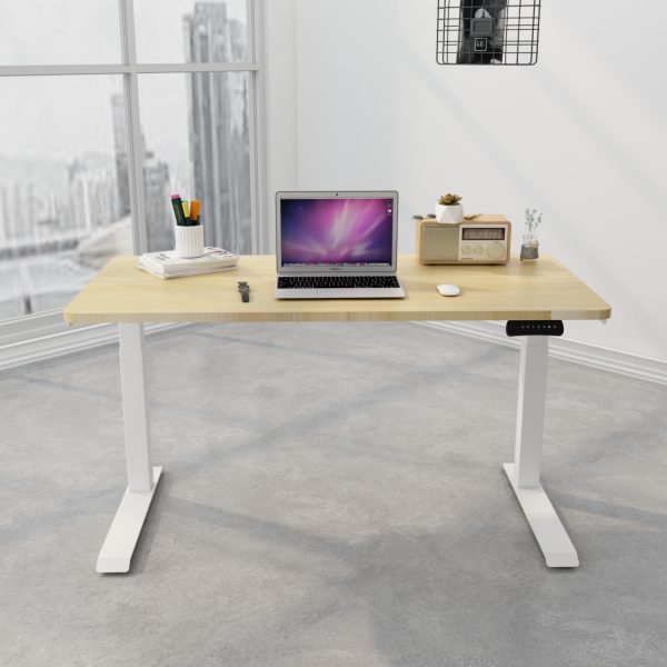 Height adjustable desk with beige table top with white frame and legs