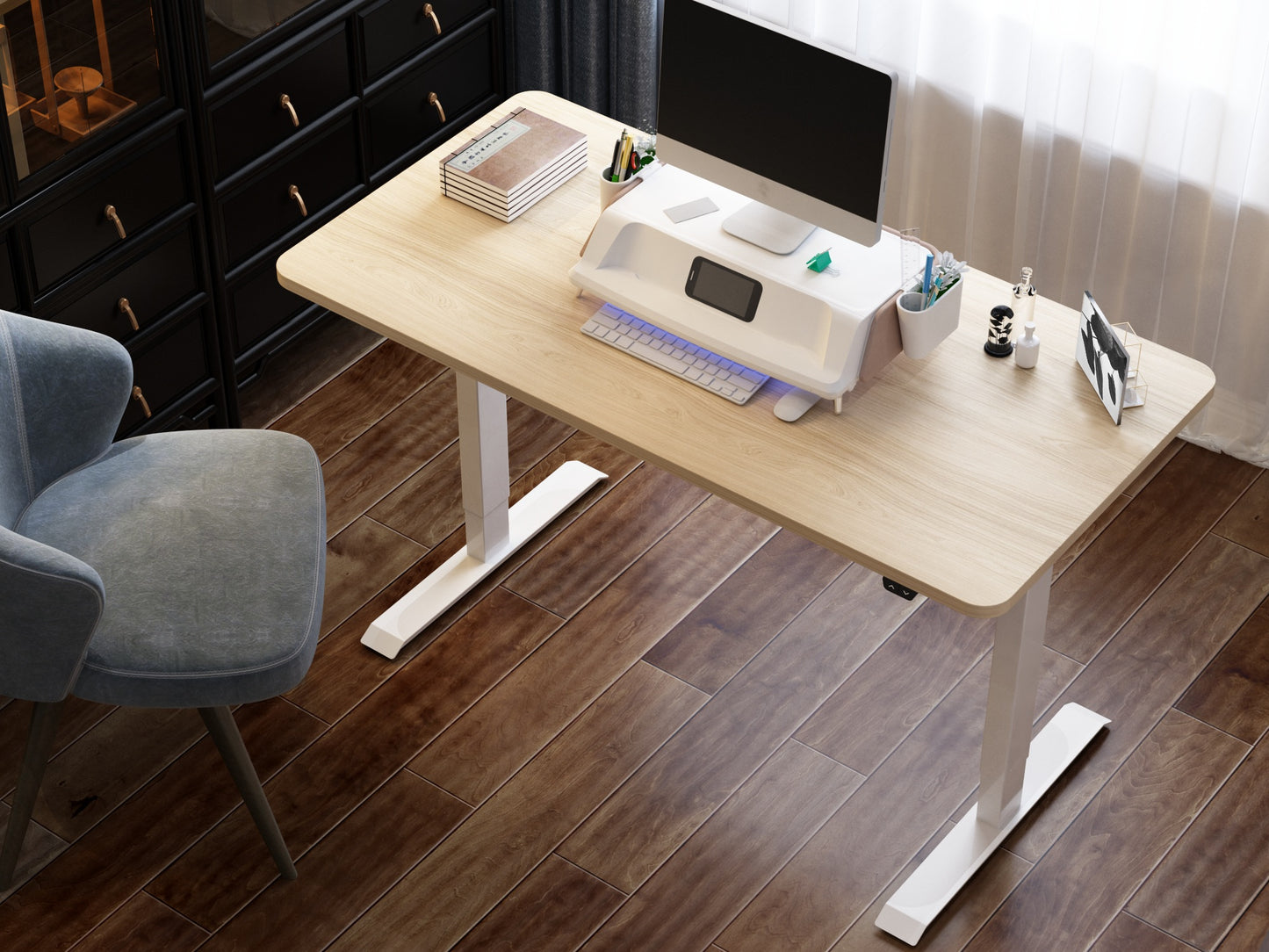height adjustable desk from to down view of beige table top and white leg n home office