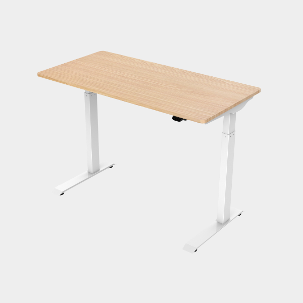 A height-adjustable desk with a wooden tabletop and white metal legs.
