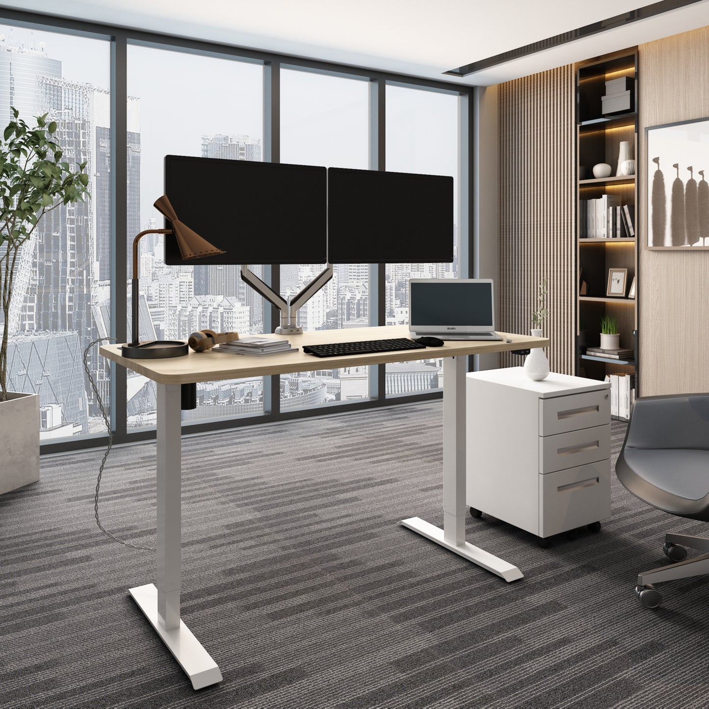 image of height adjustable desk with beige table op and white leg in home office with sky scrapper buildings in background