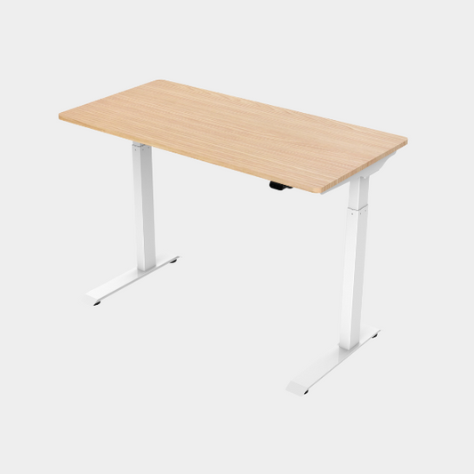 A height-adjustable desk with a wooden tabletop and white metal legs.