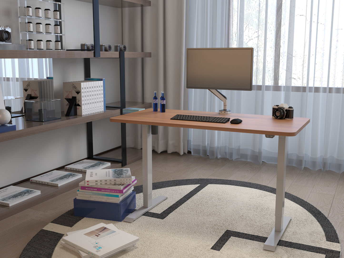 height adjustable desk in dark brown and white with work station illustration