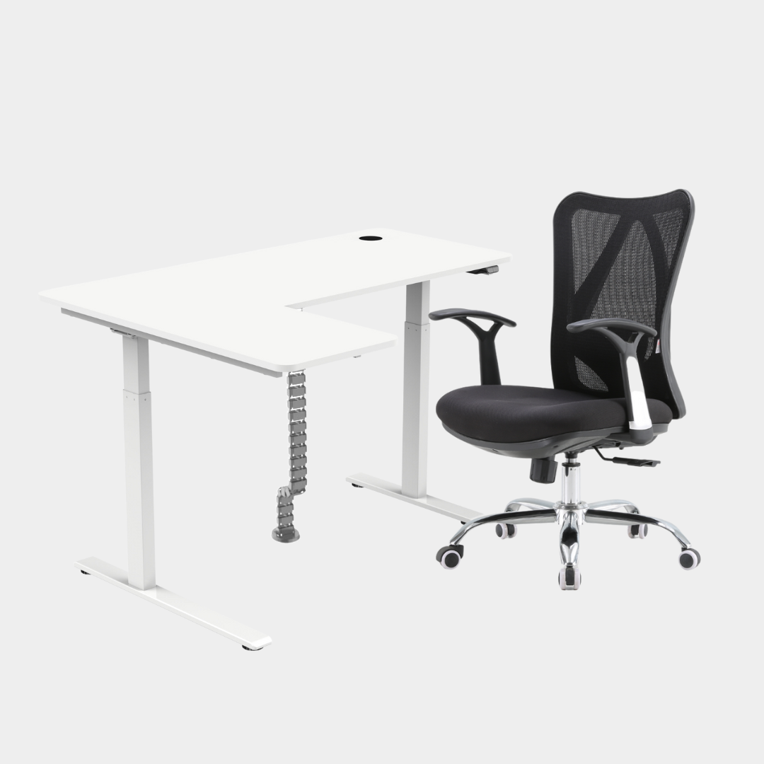An L-shaped height-adjustable desk with a white tabletop and white legs, with grey cable management and chair viewed from a front angle against a white background.