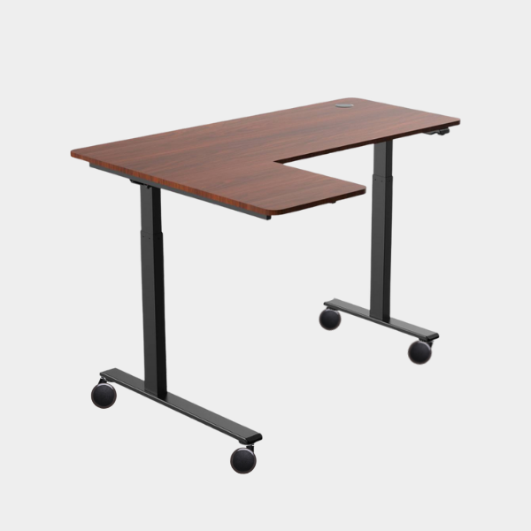 L-Shaped Ergonomic Height Adjustable Table in Dark Brown with Wheels