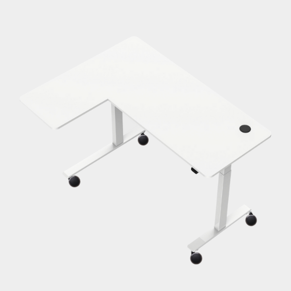 L-Shaped Ergonomic Height Adjustable Table in White with Wheels
