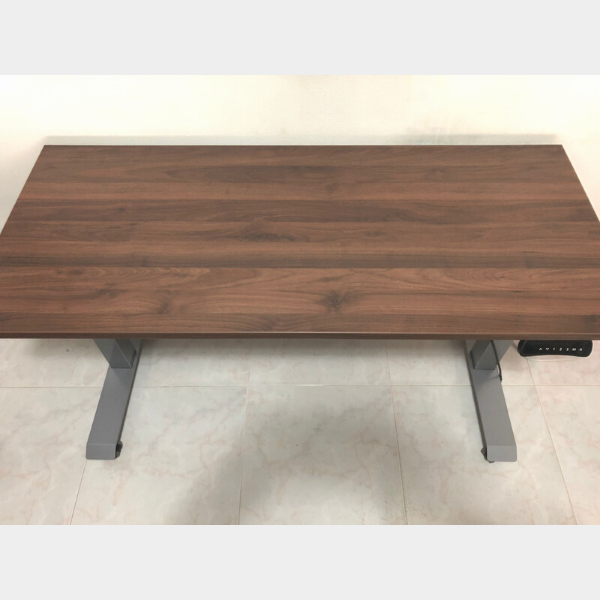 dark walnut table top with grey frame leg